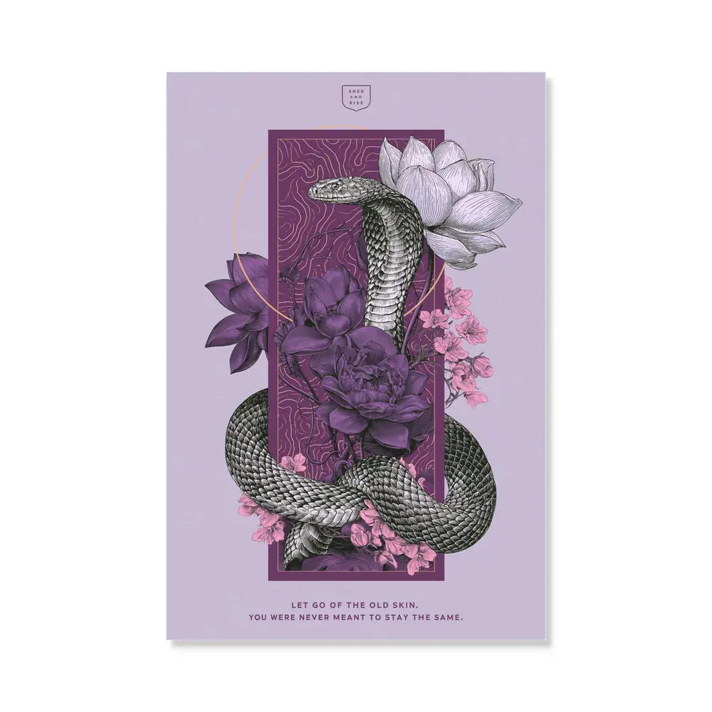 蜕变与升华蛇类帆布墙面艺术，眼镜蛇与莲花无框海报印刷品，卧室紫色灵性语录装饰，高级纹理艺术帆布，耐用防褪色，多种尺寸