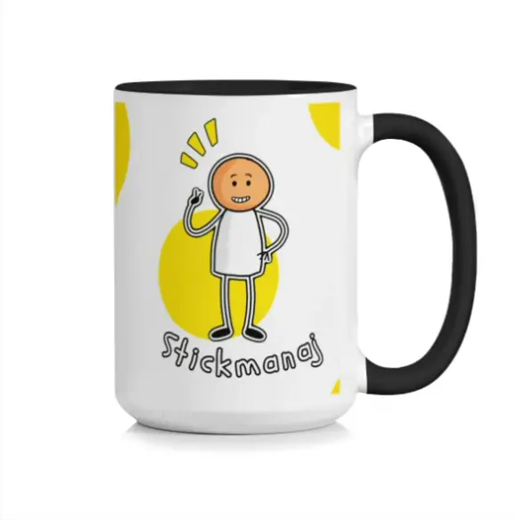 Stickmanaj 陶瓷马克杯 15 盎司,带黑色手柄咖啡杯,趣味卡通火柴人设计,适用于家庭和办公室的可爱大号茶杯,人体工学握把,加厚杯底,独特新颖生日礼物