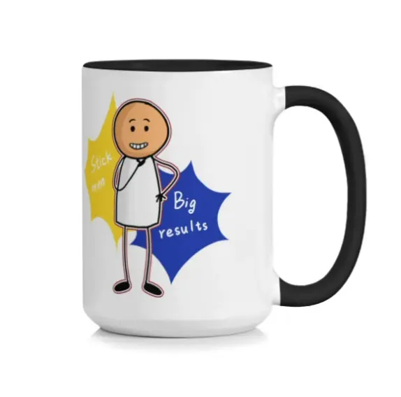 MugCraft 陶瓷咖啡杯,15 盎司大容量茶杯,印有有趣的火柴人图案,可爱新颖的办公饮具,黑色手柄点缀,经久耐用,舒适的 C 型握把
