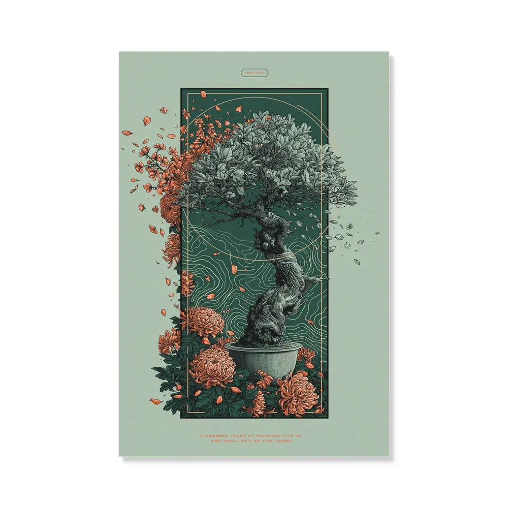 ZenVibe 盆景树帆布壁画，日式禅意花园菊花海报，鼠尾草绿美学客厅卧室装饰，高清纹理艺术画，礼品首选