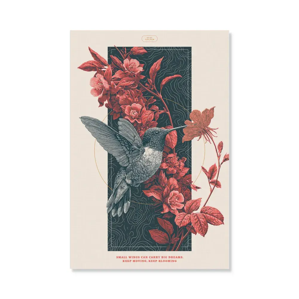 VividMuse 蜂鸟帆布墙面艺术画，复古花卉动物印花海报，适用于客厅卧室的无框植物墙面装饰，优质帆布高清打印，励志语录礼物