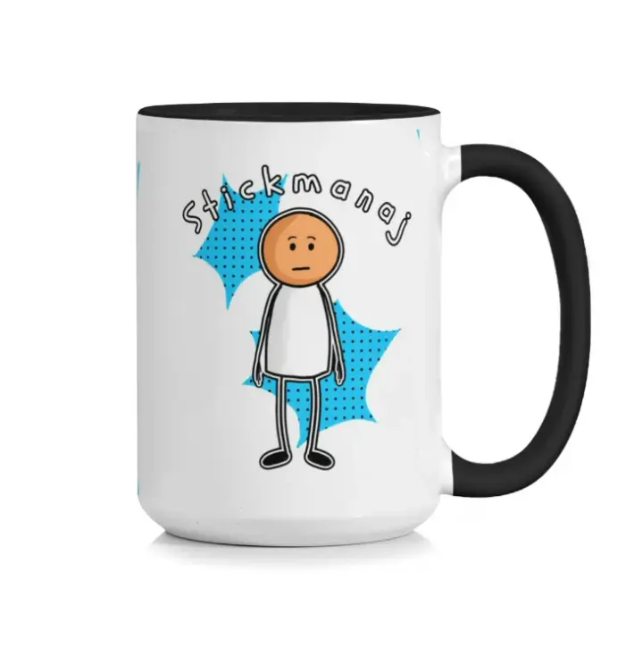 KupStyle 陶瓷咖啡杯,15盎司大号茶杯,配有黑色手柄和内壁,趣味火柴人卡通图案,适用于办公室和家庭,耐用石器(仅限手洗),舒适握感手柄
