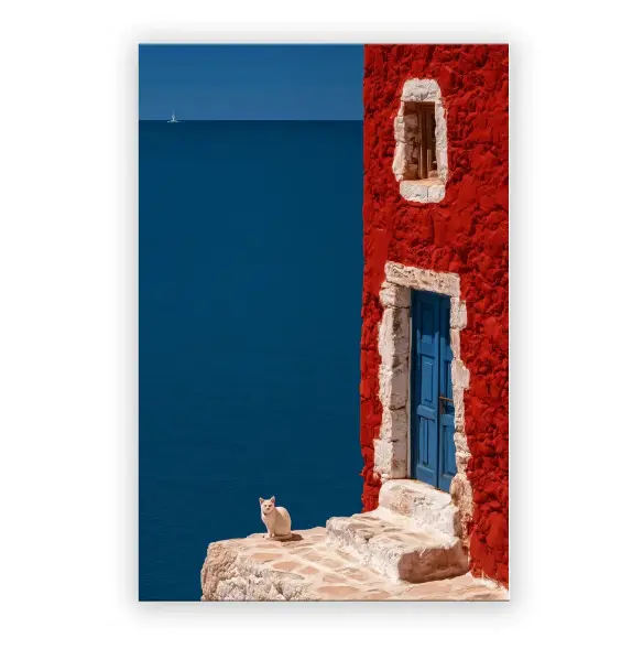 VividDecor 地中海风格帆布墙面艺术画,Juan Brufal 100% 正品授权,红屋与白猫海景印刷画,大型 24x36 英寸客厅装饰挂画