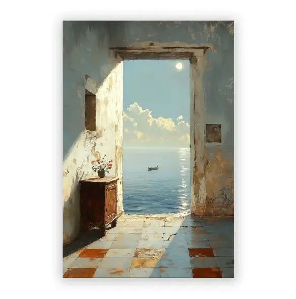 AuraDecor 镶框帆布墙画,Juan Brufal 100% 正品及授权,地中海海景开门画作,24x36 英寸牛津布印刷实木框。
