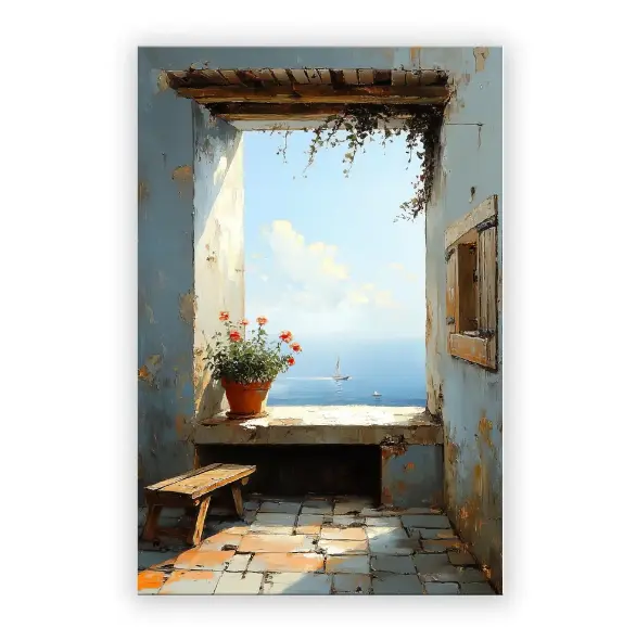 AuraVibe 地中海之窗海景帆布墙面艺术,Juan Brufal 100% 正品授权,牛津帆布装裱画,24x36 英寸大型海洋风景画