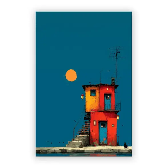 Artivibe 装裱帆布墙面艺术画,Juan Brufal 100% 正品授权,24x36 英寸(60x90 厘米)房屋与猫印花,高级牛津布海报,配实木内框