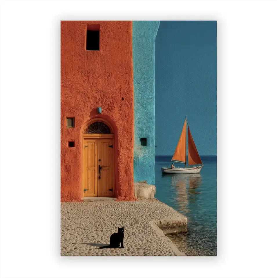 VividDecor 艺术微喷帆布装饰画,Juan Brufal 100% 正版授权,地中海海岸风情配黑猫,大幅 60x90cm 牛津布海报