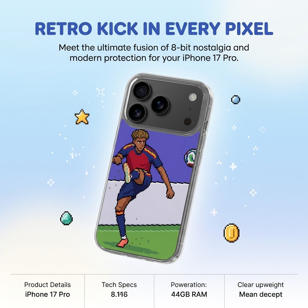 2026年世界杯特别版-SportPix iPhone 17 Pro手机壳，足球运动员像素艺术，透明TPU保护壳，防震边框，抗黄变纤薄贴合，精准开孔，抗冲击，防刮擦，超清保护套