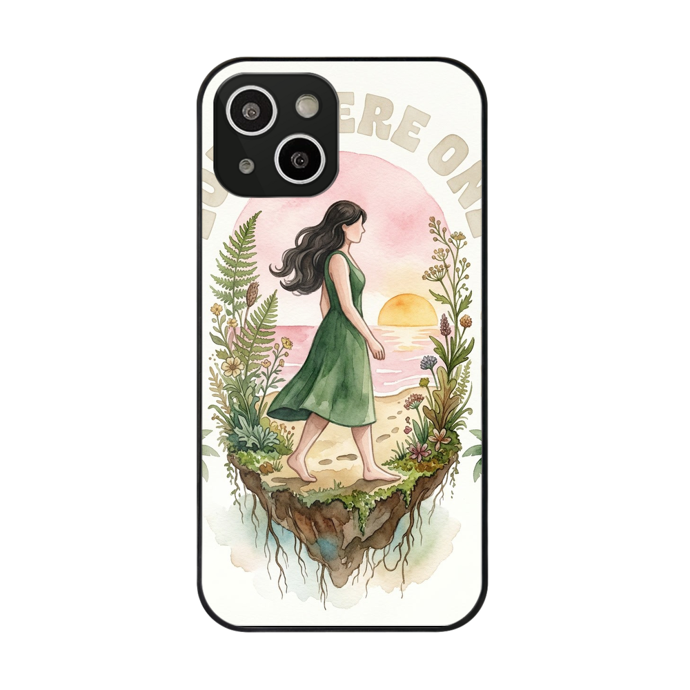 ArtifyCase iPhone 13/14 手机壳, 艺术水彩插画女孩夕阳浮岛黑色TPU软壳, 6.1英寸全包防摔保护套, 优质减震抗冲击技术, 15.1x7.8cm精准孔位贴合, 亲肤防指纹手感, 复古清新创意设计, 极简文艺风格, 经久耐磨不褪色, 适用于日常生活与办公场景, 完美兼容无线充电
